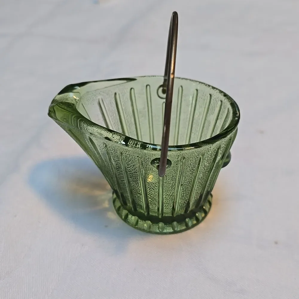 Vintage Hazel Atlas Little Coal Bucket Ashtray With Handle Green Glass 2